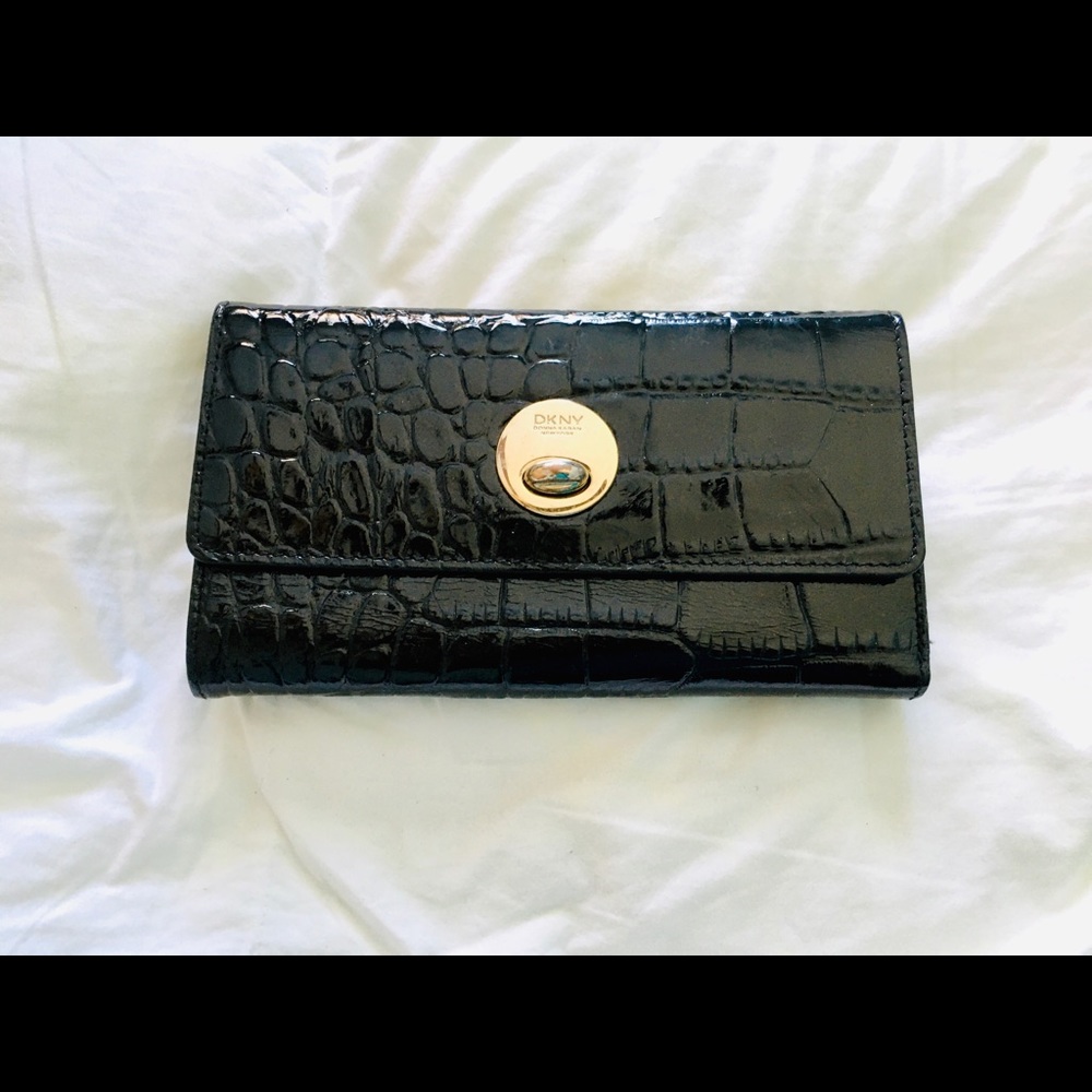 DKNY Black Patent Clutch in EUC